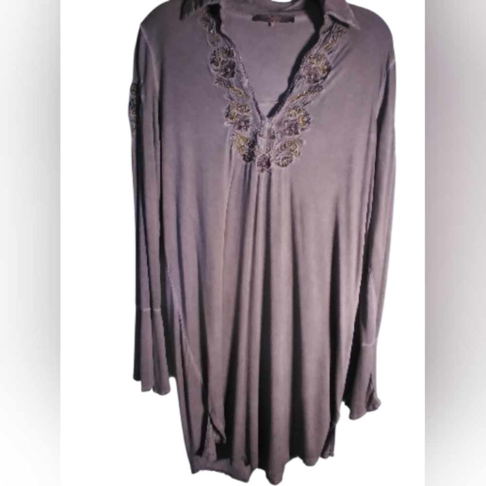 Madeline Gray High Low Boho Embrorderd Stretch Lounging Dress V Neck Size M